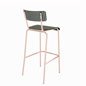 NEW Chaise de bar Suzie 65cm - Dossier Stratifié imprimé Mini Vichy & Assise stratifié uni Avocado - Pieds Rose Poudré