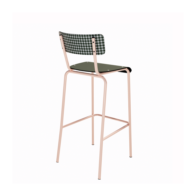 NEW Chaise de bar Suzie 65cm - Dossier Stratifié imprimé Mini Vichy & Assise stratifié uni Avocado - Pieds Rose Poudré