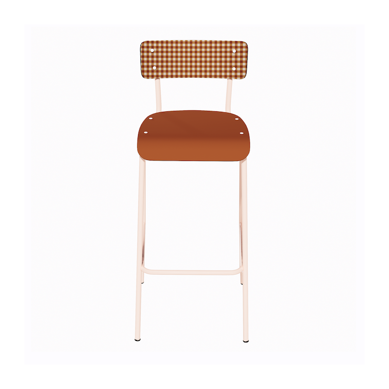 NEW Chaise de bar Suzie 65cm - Dossier Stratifié imprimé Mini Vichy & Assise stratifié uni Paprika - Pieds Rose Poudré