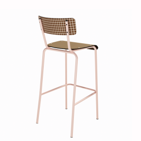 NEW Chaise de bar Suzie 65cm - Dossier Stratifié imprimé Mini Vichy & Assise stratifié uni Ocre - Pieds Rose Poudré