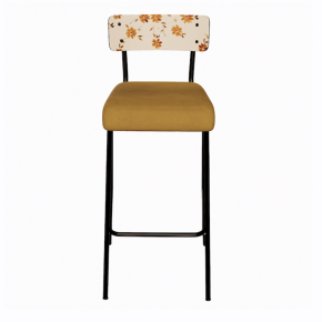 NEW Chaise de bar Suzie 65cm – Stratifié Dossier imprimé Bohème Ocre & Assise velours Ocre - Pieds Noirs