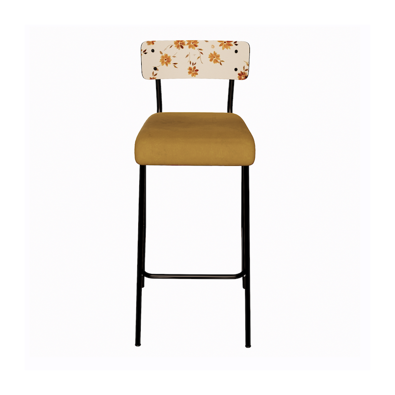 NEW Chaise de bar Suzie 65cm – Stratifié Dossier imprimé Bohème Ocre & Assise velours Ocre - Pieds Noirs