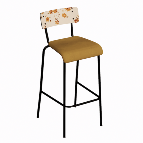 NEW Chaise de bar Suzie 65cm – Stratifié Dossier imprimé Bohème Ocre & Assise velours Ocre - Pieds Noirs