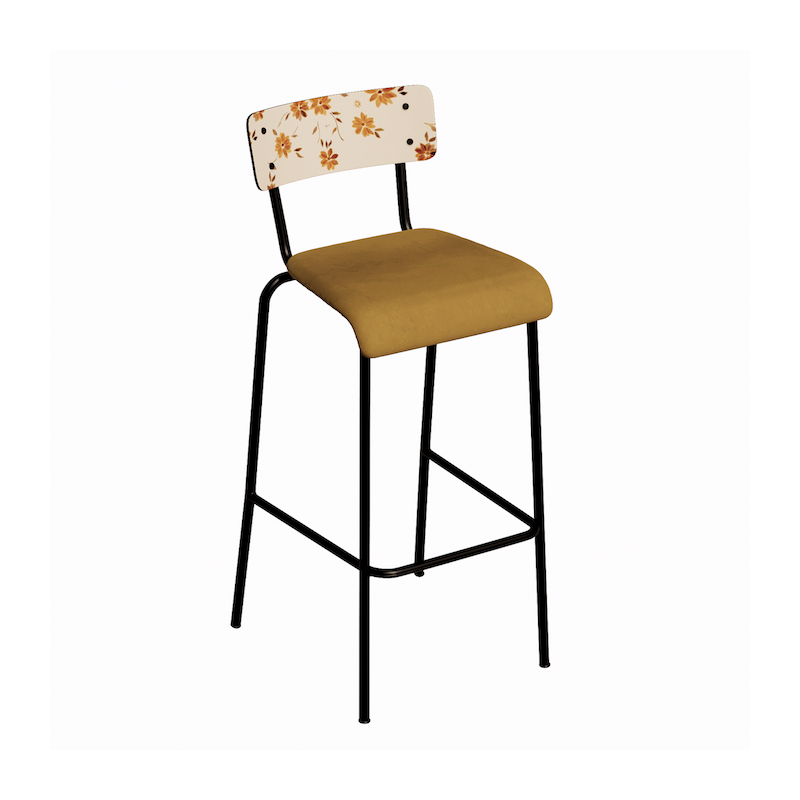 NEW Chaise de bar Suzie 65cm – Stratifié Dossier imprimé Bohème Ocre & Assise velours Ocre - Pieds Noirs