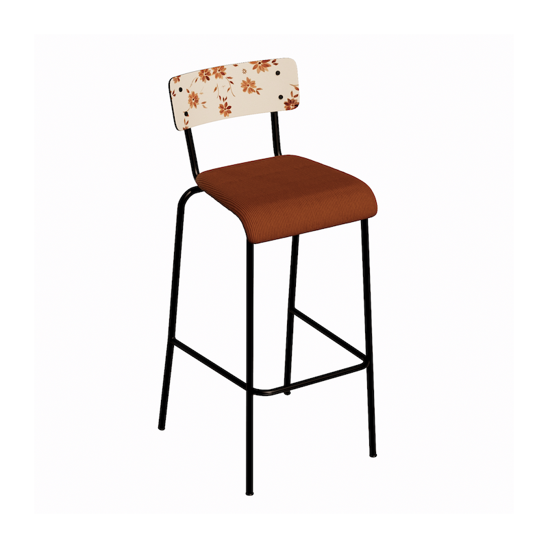 NEW Chaise de bar Suzie 65cm – Stratifié Dossier imprimé Bohème Paprika & Assise velours côtelé Paprika - Pieds Noirs