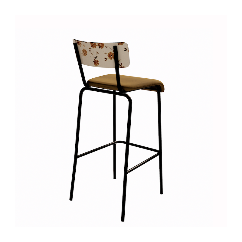 NEW Chaise de bar Suzie 65cm – Stratifié Dossier imprimé Bohème Ocre & Assise velours Ocre - Pieds Noirs