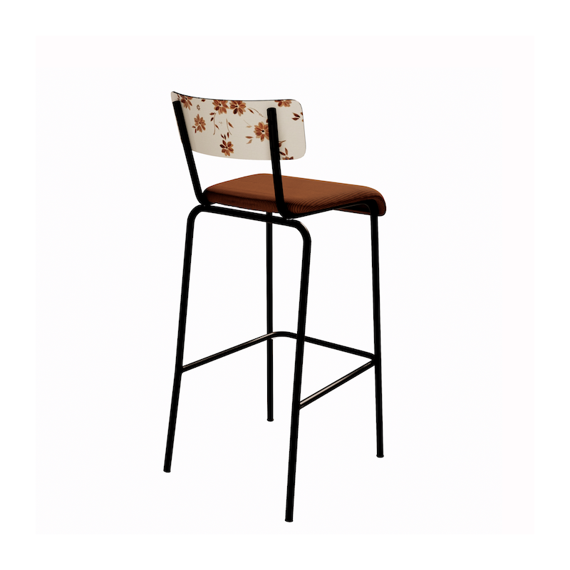 NEW Chaise de bar Suzie 65cm – Stratifié Dossier imprimé Bohème Paprika & Assise velours côtelé Paprika - Pieds Noirs