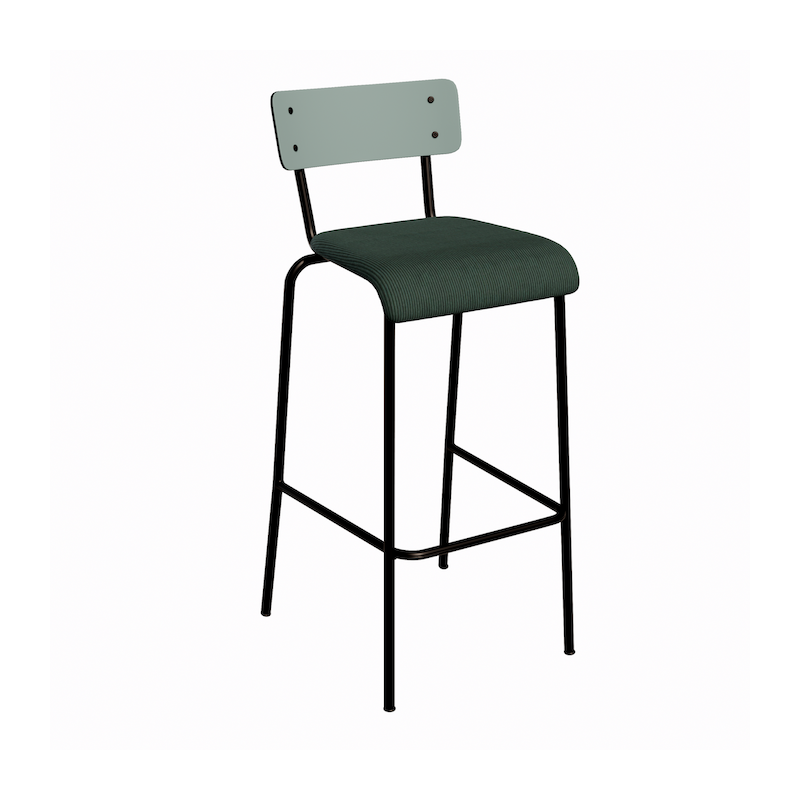 NEW Chaise de bar Suzie 75cm – bi-matière Dossier Kaki & Assise Velours côtelé Vert Forêt - Pieds Noirs