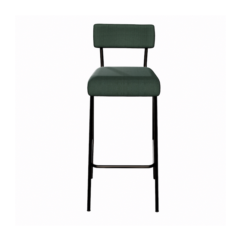 NEW Chaise de bar Suzie 75cm - Velours côtelé Dossier & Assise Vert Forêt - Pieds Noirs