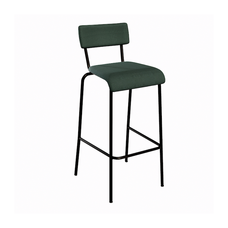 NEW Chaise de bar Suzie 75cm - Velours côtelé Dossier & Assise Vert Forêt - Pieds Noirs