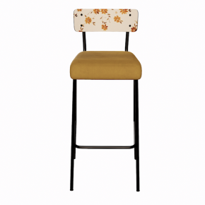NEW Chaise de bar Suzie 75cm – Stratifié Dossier imprimé Bohème Ocre & Assise velours Ocre - Pieds Noirs