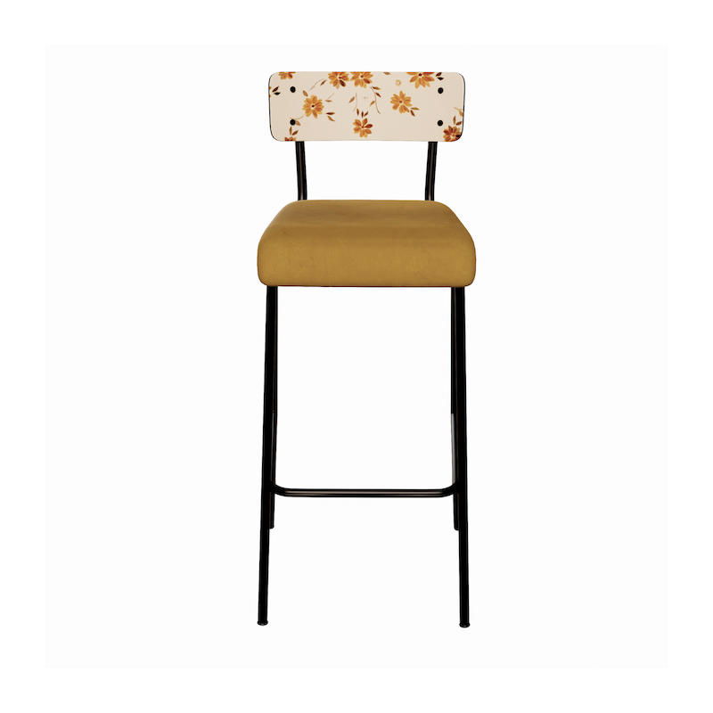 NEW Chaise de bar Suzie 75cm – Stratifié Dossier imprimé Bohème Ocre & Assise velours Ocre - Pieds Noirs
