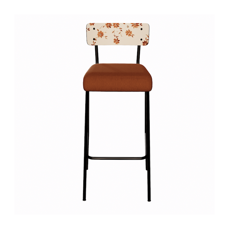 NEW Chaise de bar Suzie 75cm – Stratifié Dossier imprimé Bohème Paprika & Assise velours côtelé Paprika - Pieds Noirs