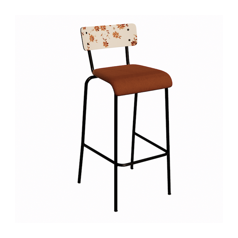 NEW Chaise de bar Suzie 75cm – Stratifié Dossier imprimé Bohème Paprika & Assise velours côtelé Paprika - Pieds Noirs